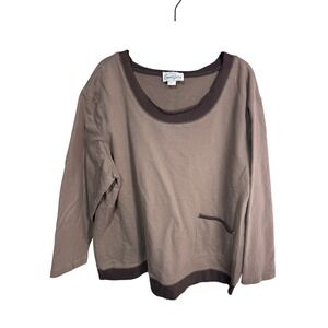 Vintage Casual Living Brown Cotton Long Sleeve Top Contrast Trim 1X‎